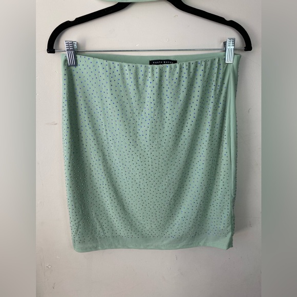 NWT• Haute Monde Mint Green Rhinestone Two Piece Skirt Set Large Festival Rave - Picture 5 of 8